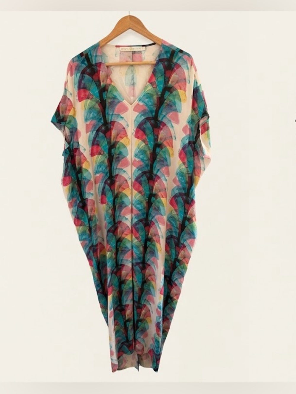 Marie Oliver Nina 100% Silk Kaftan Maxi Dress Colorful Leaf Print M